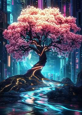 Cyberpunk Cherry Blossom Tree