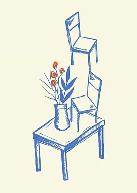 Blue Sketch of Table and Chairs