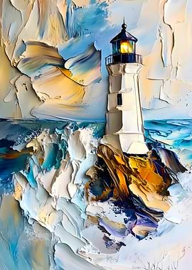 Lighthouse in Stormy Colorful Sea