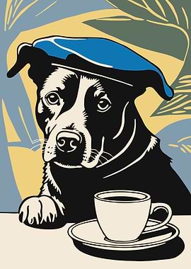 Dog in Beret with Coffee