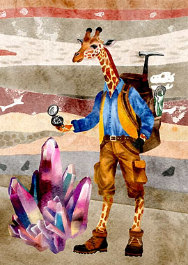 Giraffe Geologist with Crystals
