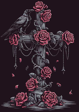 Gothic Raven and Roses Cross