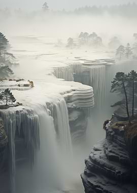 Frozen Waterfall in Mist