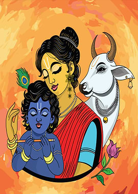 Krishna with Yashoda and Cow | Hindu Spiritual Painting