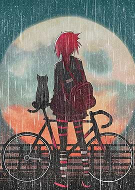 Rainy Night with Bike and Cat