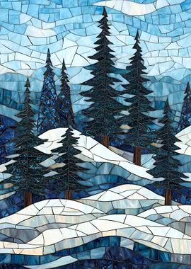 Stained Glass Winter Mosaic Landscape