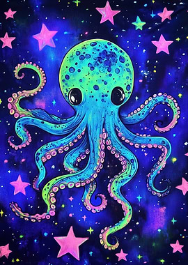 Neon Octopus in Space