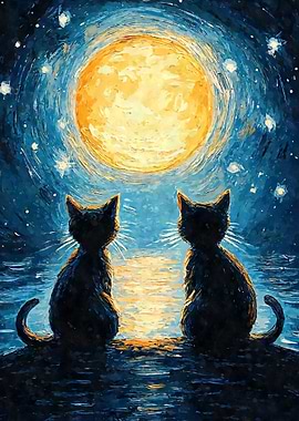 Cats Moon Starry Night