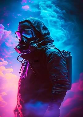 Gas Mask Figure in Neon Light