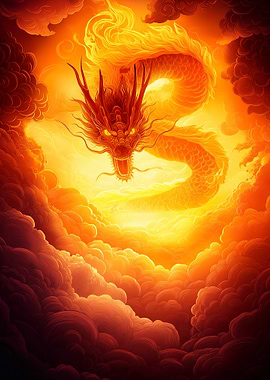 Fiery Dragon in Clouds