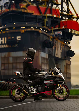 Motorcycle at oil rig, on cfmoto 450sr