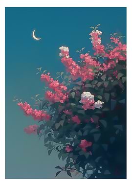 Pink Flowers and Crescent Moon