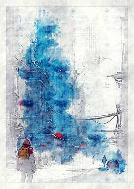 Blue Cityscape Watercolor