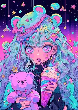 Kawaii Anime Girl with Teddy Bear
