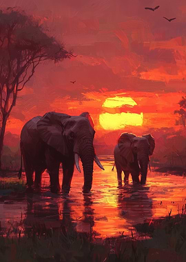 Elephants at Sunset