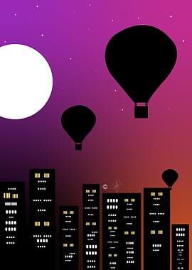 Hot Air Balloons Over Cityscape