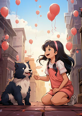 Girl and Dog with Balloons