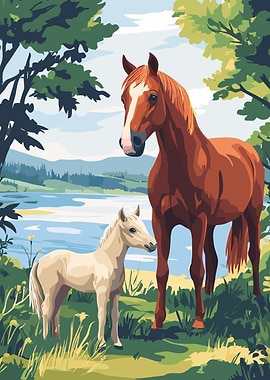 Horse and Foal by the Lake