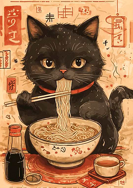 Black Cat Eating Ramen