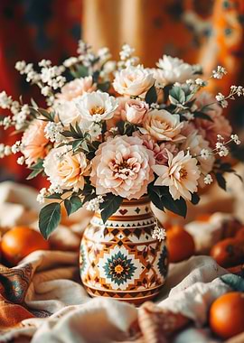 Floral Arrangement in Ornate Vase, Boho Chic, Ethnic Pattern, Orange Pink Teal