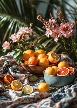 Oranges in Ceramic Bowls, Boho Chic, Pattern, Pink Blue Orange Red