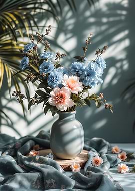 Pale Blue Floral Arrangement in Ceramic Vase, Boho Chic, Pattern, Pink Yellow Green