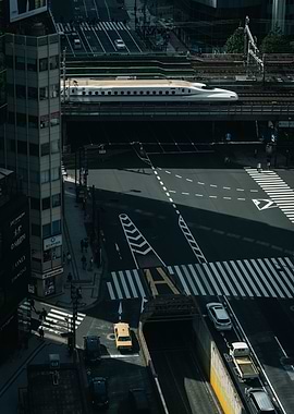 Japanese Cityscape with Bullet Train
