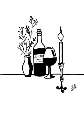 Wine, Candle, and Flowers