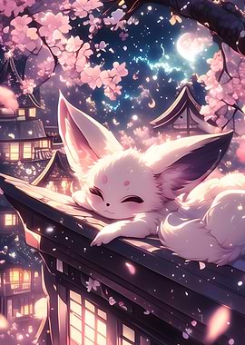 Fox in Cherry Blossom Night