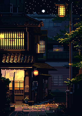 Vintage Japanese Village at Night Pixel Art