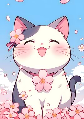 Smiling Cat with Cherry Blossoms