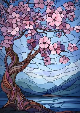 Stained Glass Cherry Blossom Tree Landscape