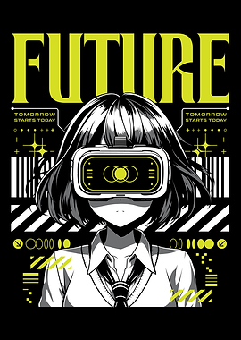 Anime girl poster with kawaii cute on y2k, cyberpunk, future, virtual reality, retro futuristic style. Tokyo Japan cute anime girl. Anime girl posters graphic y2k illustration.