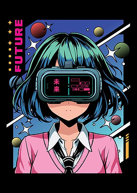 Anime girl poster with kawaii cute on y2k, cyberpunk, future, virtual reality, retro futuristic style. Tokyo Japan cute anime girl. Anime girl posters graphic y2k illustration.