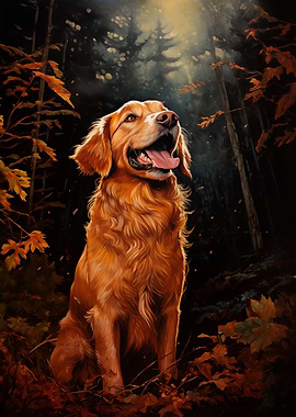 Golden Retriever in Autumn Forest
