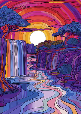 Serene Waterfall Sunset