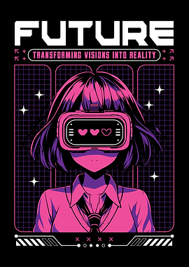 Anime girl poster with kawaii cute on y2k, cyberpunk, future, virtual reality, retro futuristic style. Tokyo Japan cute anime girl. Anime girl posters graphic y2k illustration.