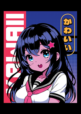 Anime girl poster with kawaii cute on y2k, cyberpunk, future, virtual reality, retro futuristic style. Tokyo Japan cute anime girl. Anime girl posters graphic y2k illustration.