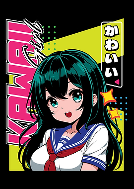 Anime girl poster with kawaii cute on y2k, cyberpunk, future, virtual reality, retro futuristic style. Tokyo Japan cute anime girl. Anime girl posters graphic y2k illustration.