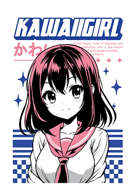 Anime girl poster with kawaii cute on y2k, cyberpunk, future, virtual reality, retro futuristic style. Tokyo Japan cute anime girl. Anime girl posters graphic y2k illustration.