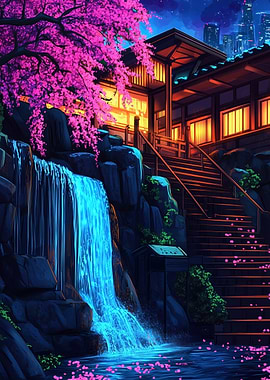 Japanese Garden Waterfall Night