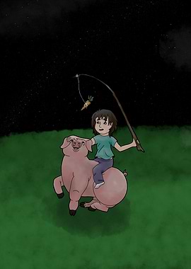 Pig Chasing a Carrot at Night