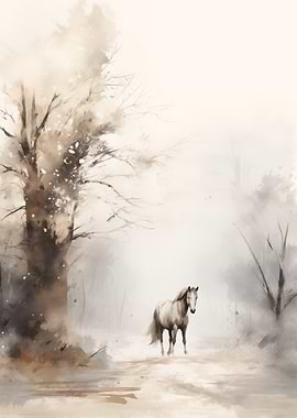 Horse in Misty Forest