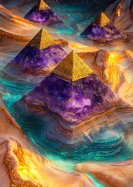 Abstract Golden Purple Pyramids Desert Aura Art