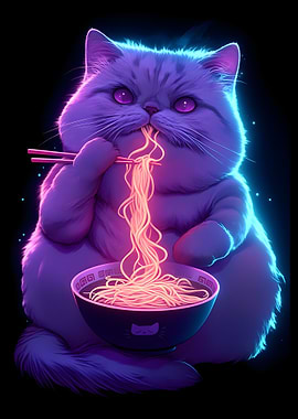 Neon Cat Eating Ramen