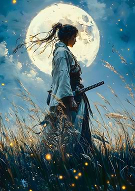 Female Samurai Under Moonlight
