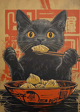 Black Cat Eating Dumplings
