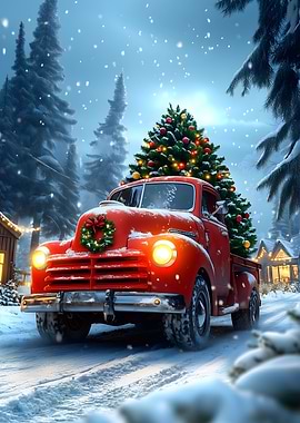 Red Truck Bringing Christmas Tree Home
