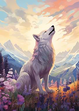 Wolf Howling at Sunset