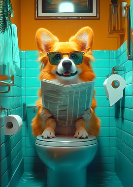 Corgi Reading on Toilet